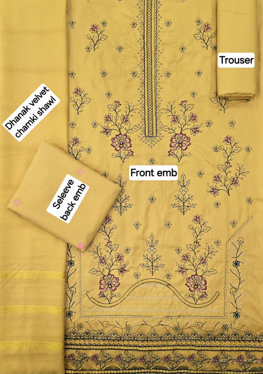 Banadora Dhanak Embroidery 3pcs With Dhanak Chamki Velvet Shawl