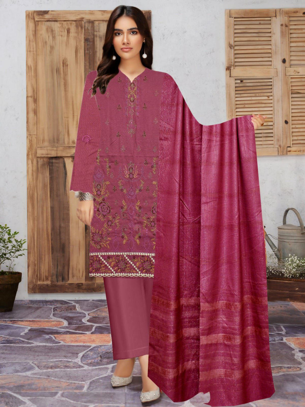 Banadora Dhanak Embroidery 3pcs With Dhanak Chamki Velvet Shawl