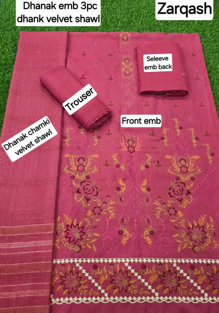 Banadora Dhanak Embroidery 3pcs With Dhanak Chamki Velvet Shawl