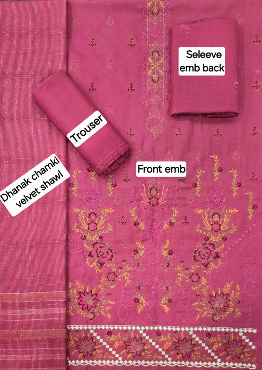 Banadora Dhanak Embroidery 3pcs With Dhanak Chamki Velvet Shawl