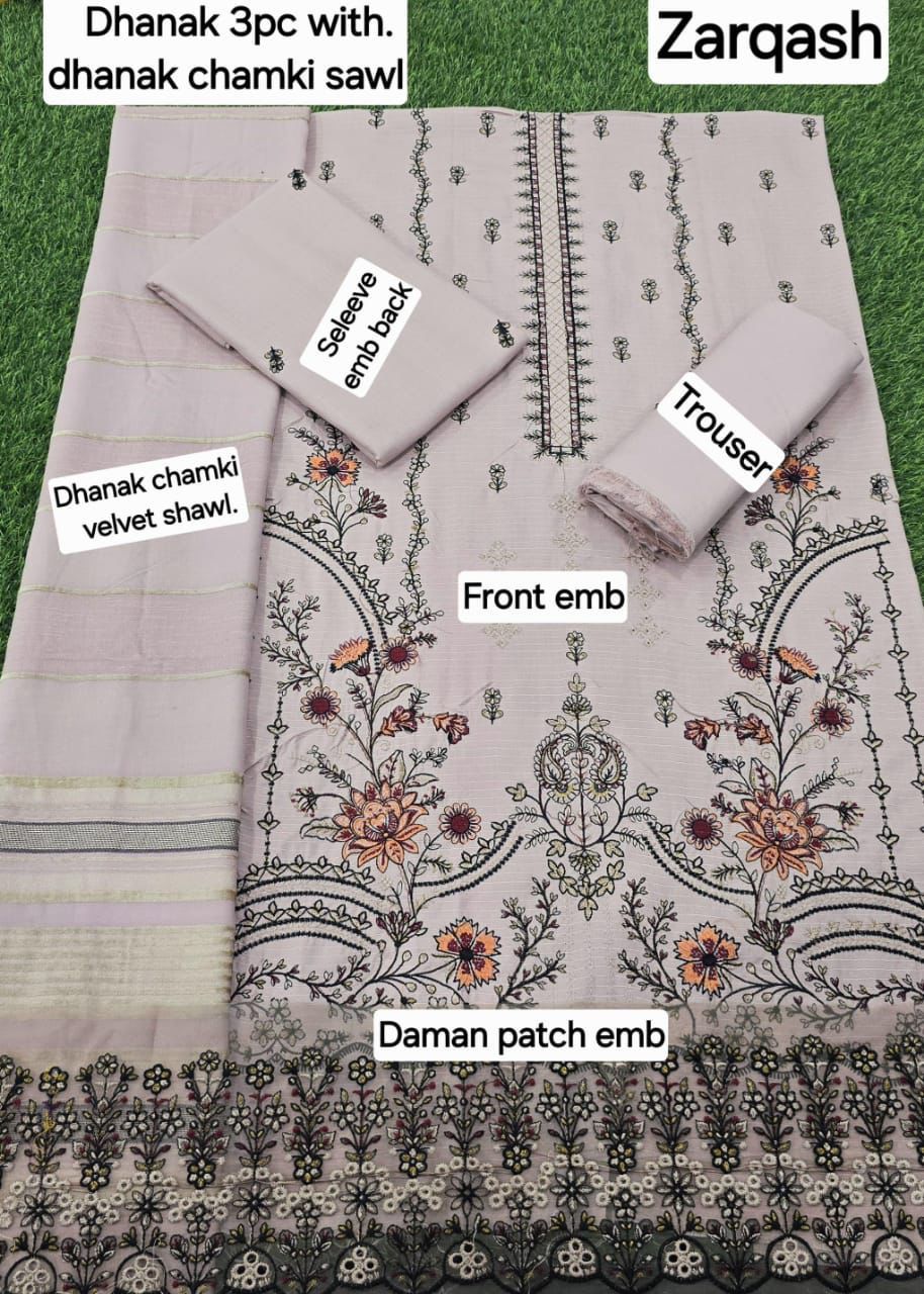 Banadora Dhanak Embroidery 3pcs With Dhanak Chamki Velvet Shawl