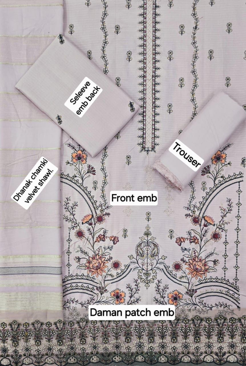 Banadora Dhanak Embroidery 3pcs With Dhanak Chamki Velvet Shawl