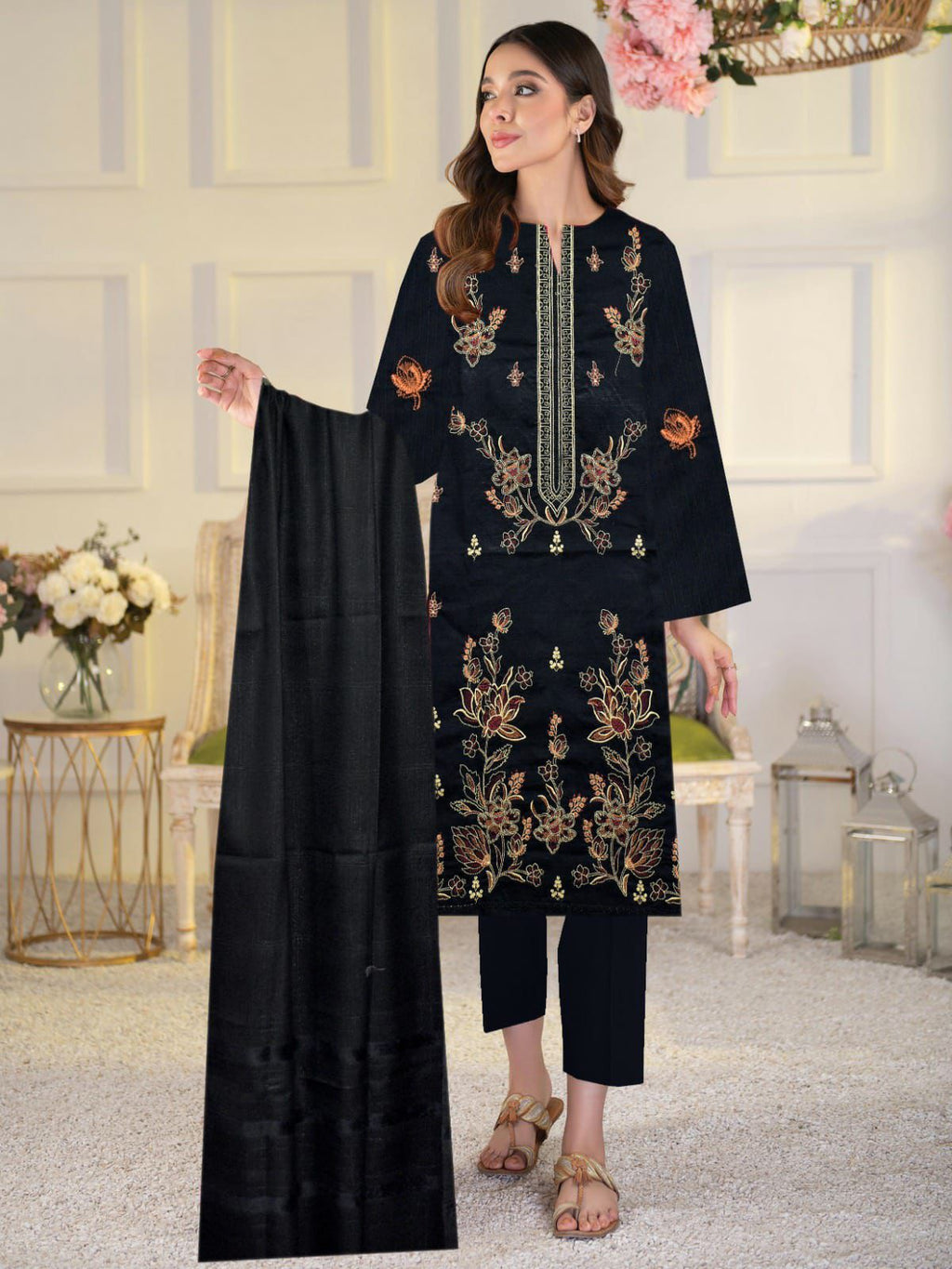 Banadora Dhanak Embroidery 3pcs With Dhanak Chamki Velvet Shawl