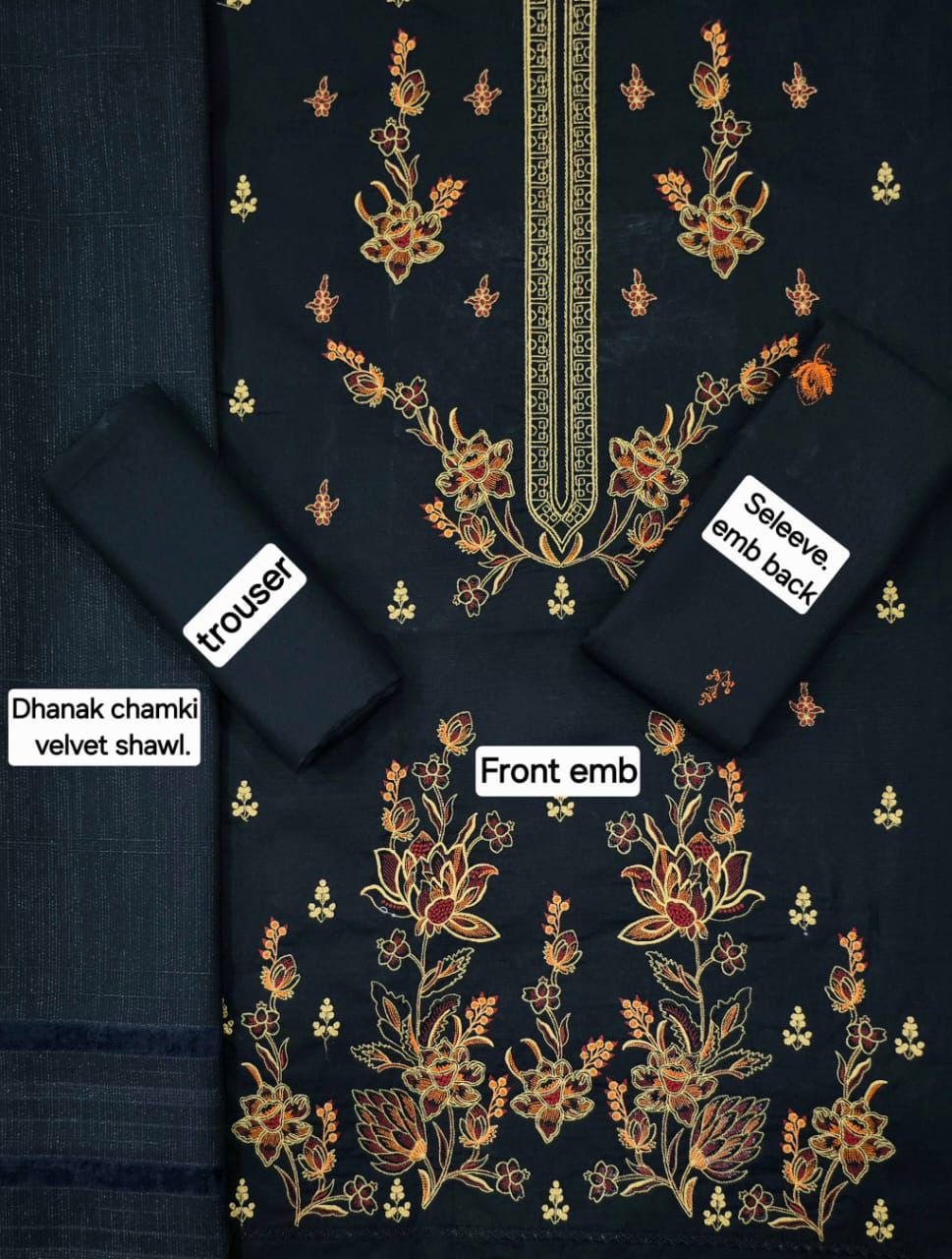 Banadora Dhanak Embroidery 3pcs With Dhanak Chamki Velvet Shawl