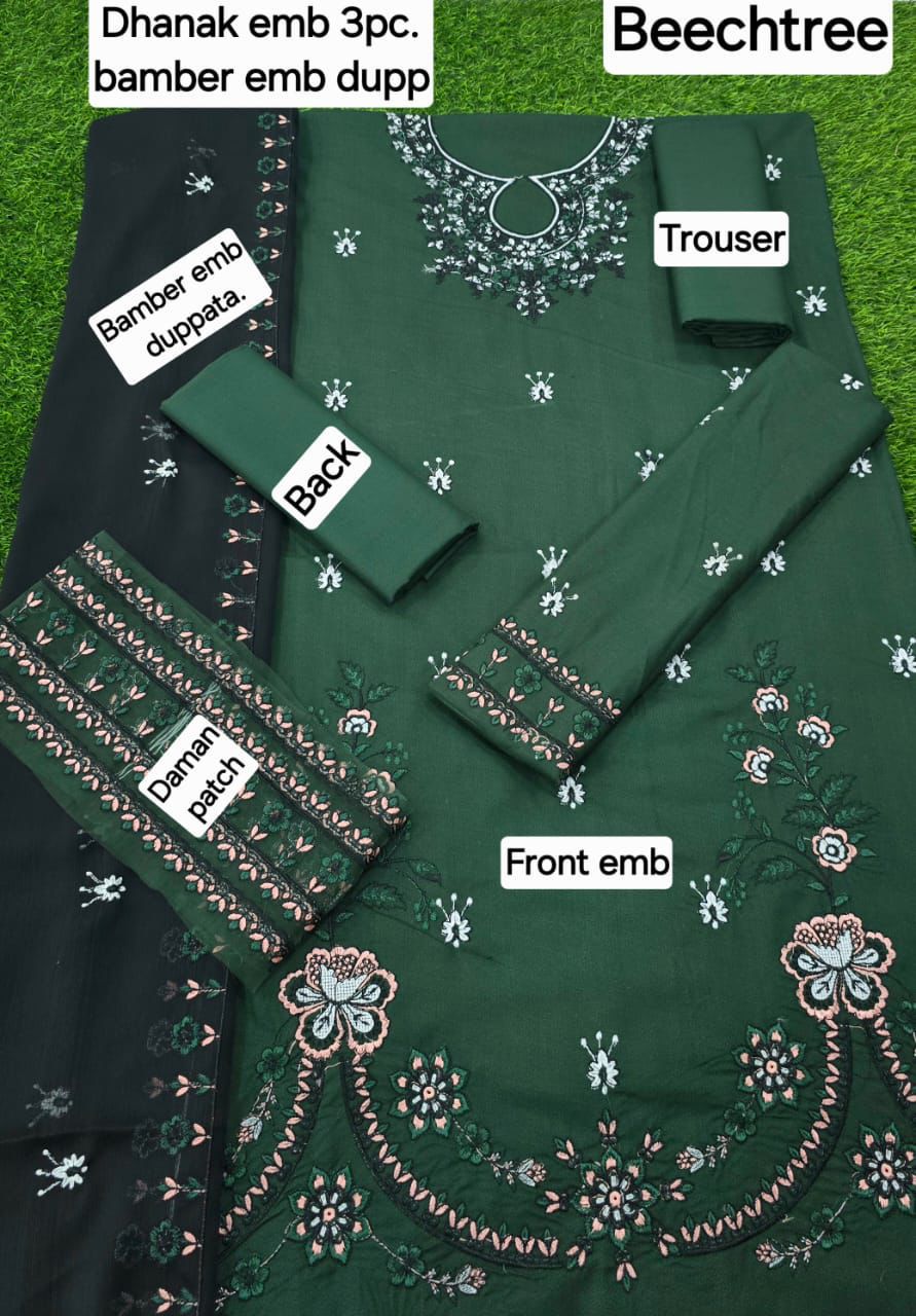 3 Pcs Dhanak Embroidery With Bamber Embroidery Dupatta