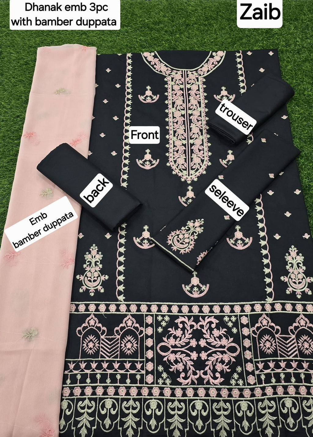 3 Pcs Dhanak Embroidery With Bamber Embroidery Dupatta