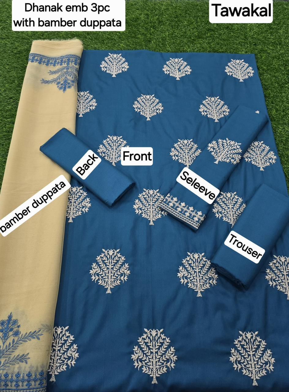 3 Pcs Dhanak Embroidery With Bamber Embroidery Dupatta