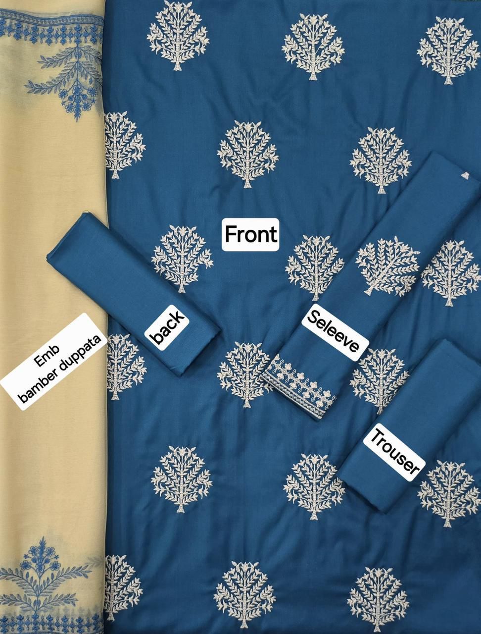 3 Pcs Dhanak Embroidery With Bamber Embroidery Dupatta