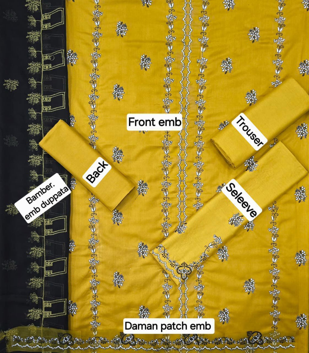 3 Pcs Dhanak Embroidery With Bamber Embroidery Dupatta