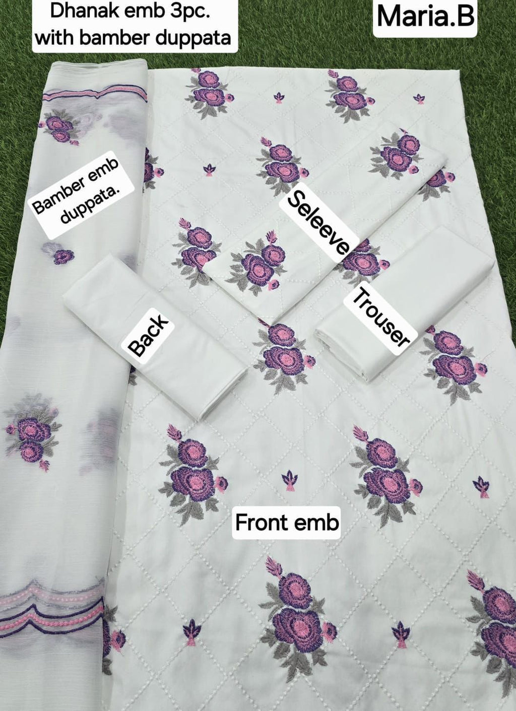 3 Pcs Dhanak Embroidery With Bamber Embroidery Dupatta