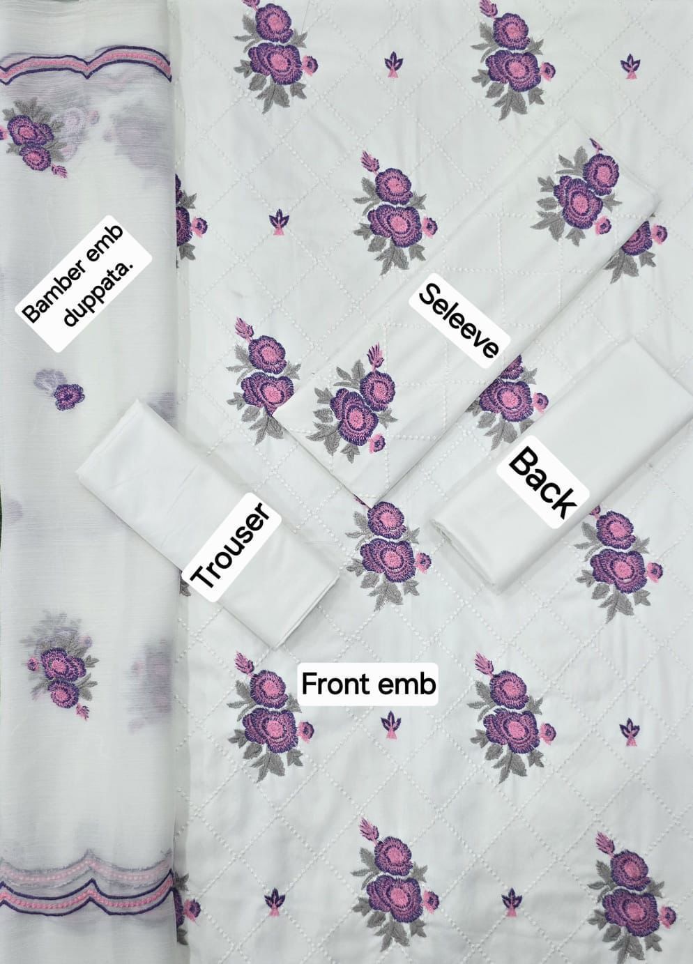 3 Pcs Dhanak Embroidery With Bamber Embroidery Dupatta