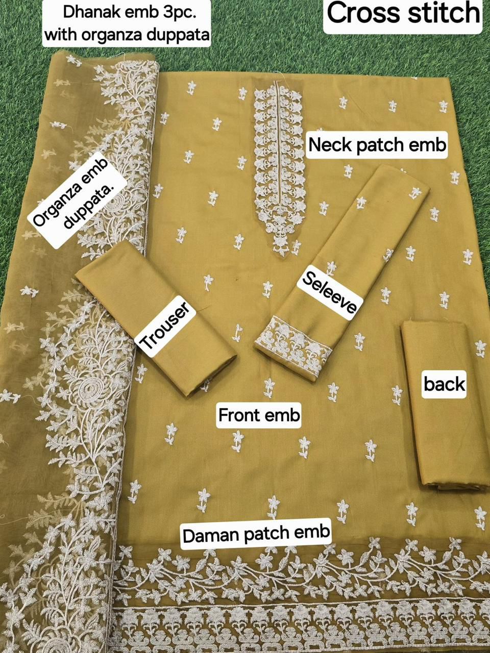 3 Pcs Dhanak Embroidery With Bamber Embroidery Dupatta