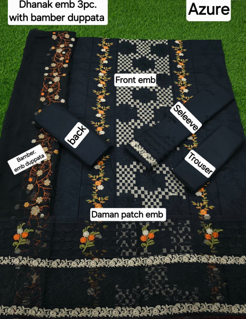 3 Pcs Dhanak Embroidery With Bamber Embroidery Dupatta