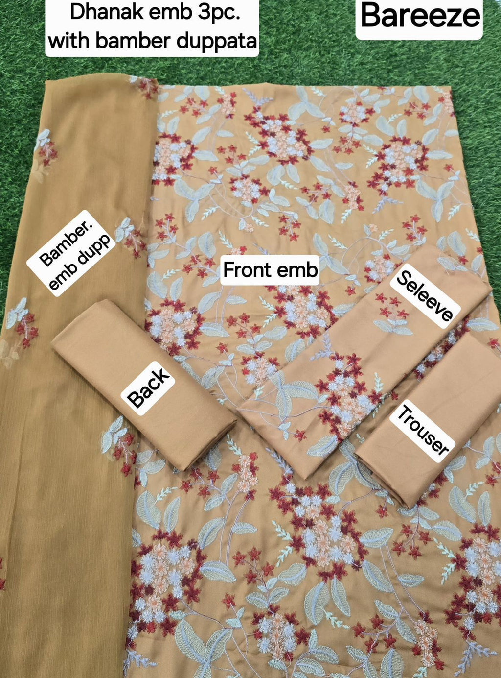 3 Pcs Dhanak Embroidery With Bamber Embroidery Dupatta