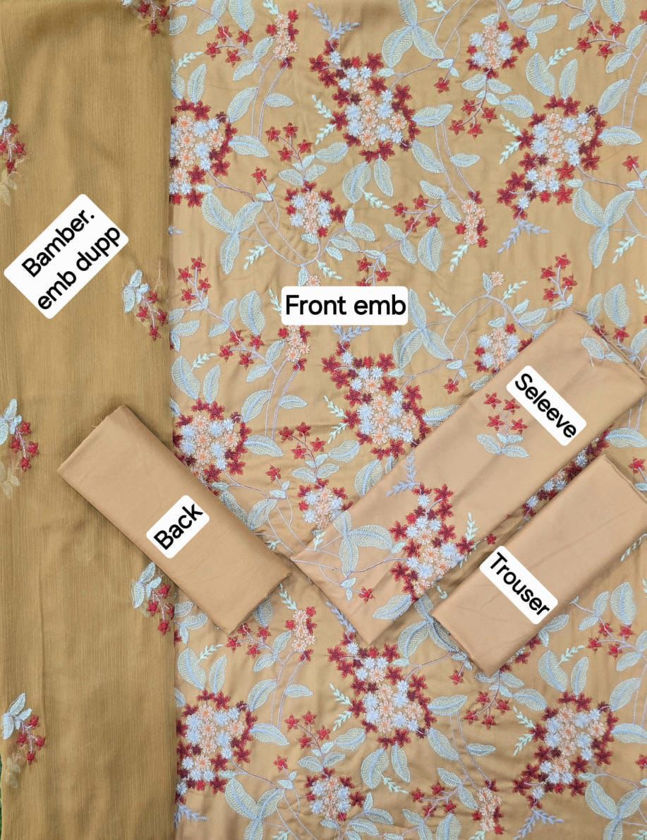 3 Pcs Dhanak Embroidery With Bamber Embroidery Dupatta