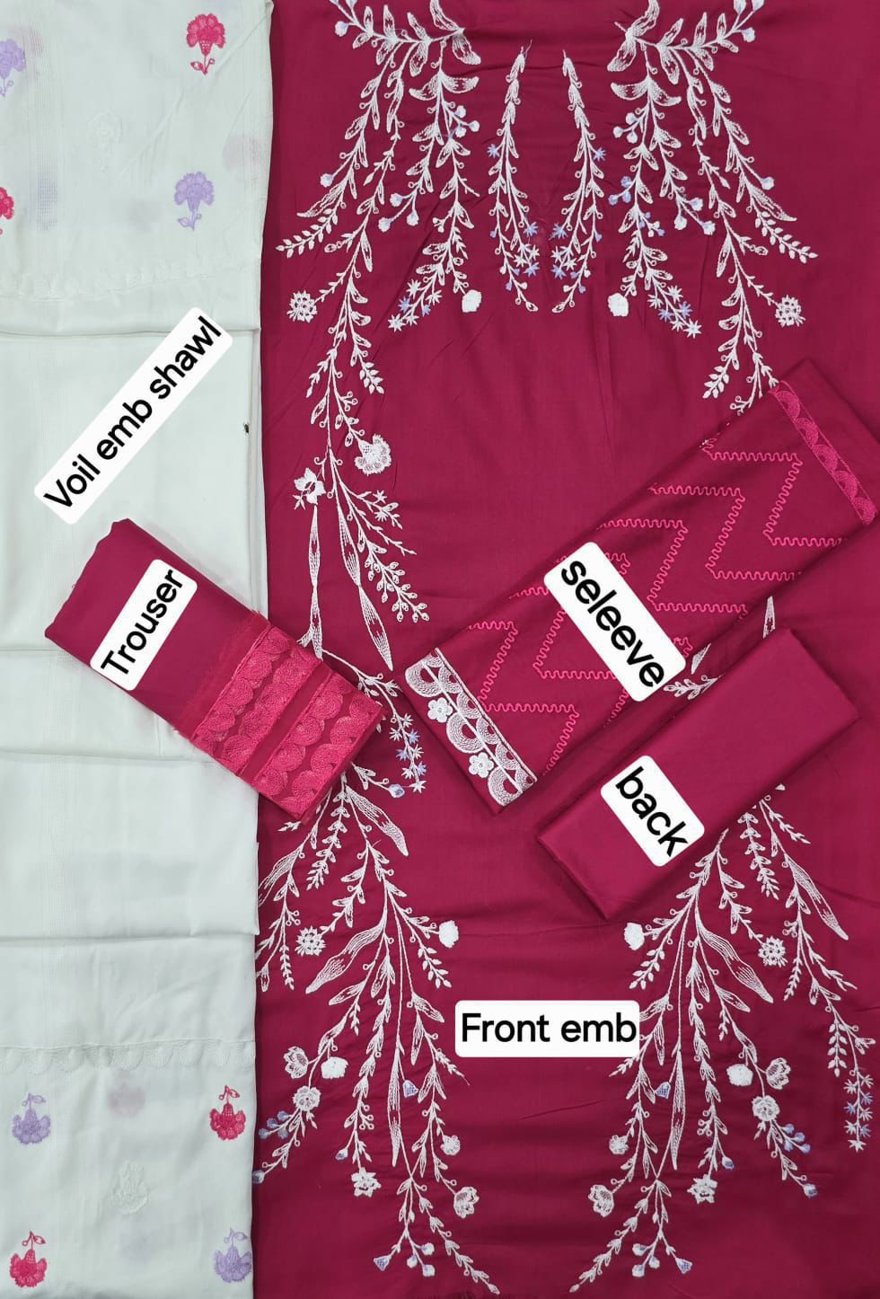 3 Pcs Dhanak Embroidery With Voile Embroidery Dupatta