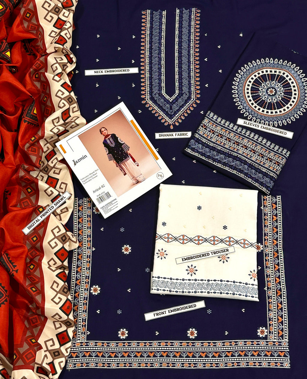 3 Pcs Dhanak Embroidered