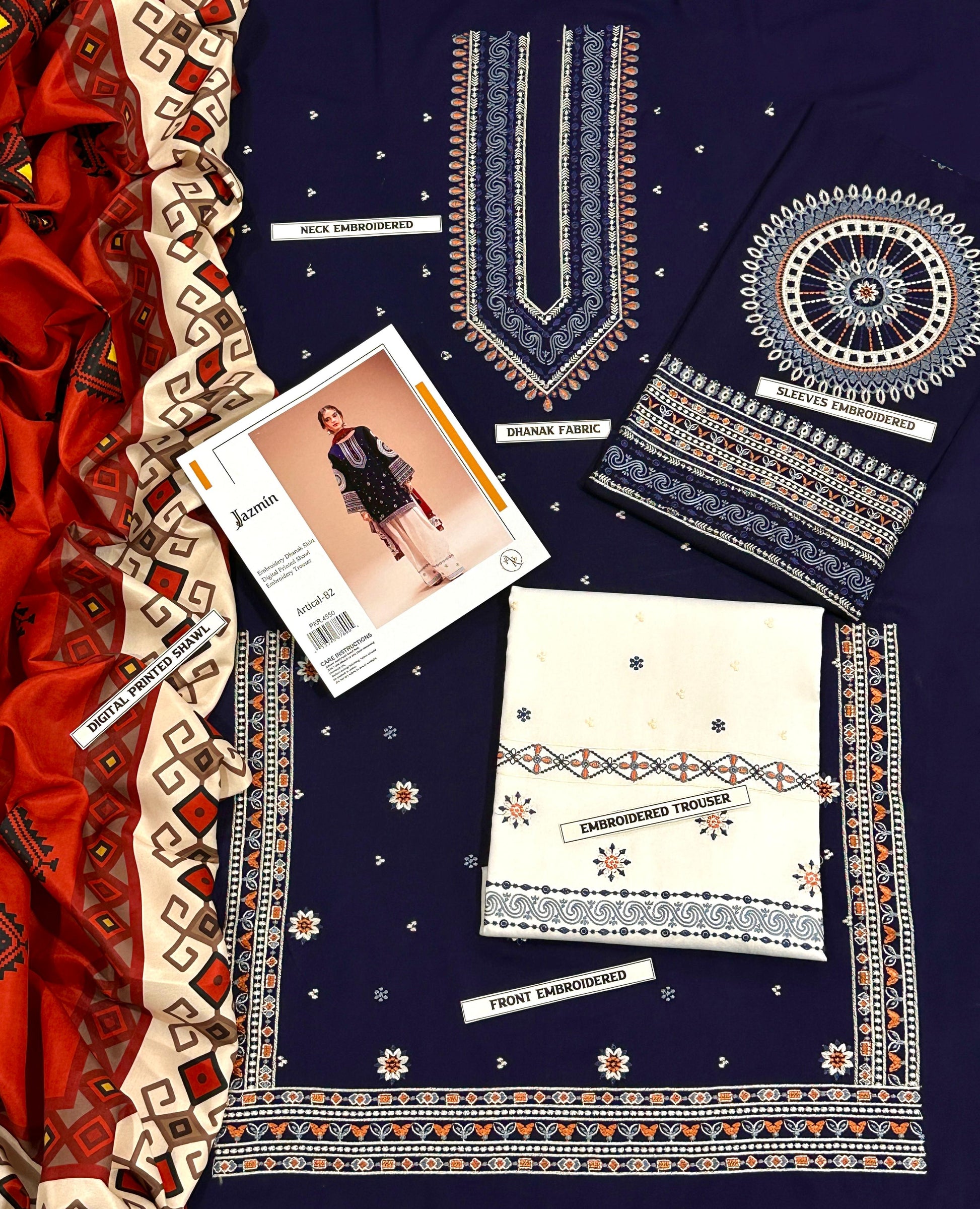 3 Pcs Dhanak Embroidered